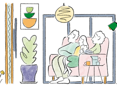 Illustration of a family all seated in their living room.