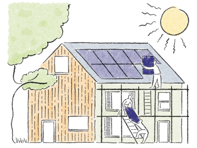 Illustration of contractors installing solar panels on a rooftop.