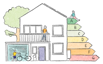 Illustration of a house with an EPC energy efficiency scale, symbolising retrofit advice and home efficiency.