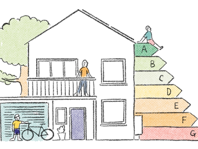 Illustration of a house with an EPC energy efficiency scale, symbolising retrofit advice and home efficiency.