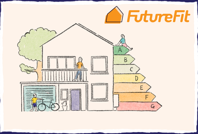 Illustration of a house with an EPC energy efficiency scale, symbolising retrofit advice and home efficiency.