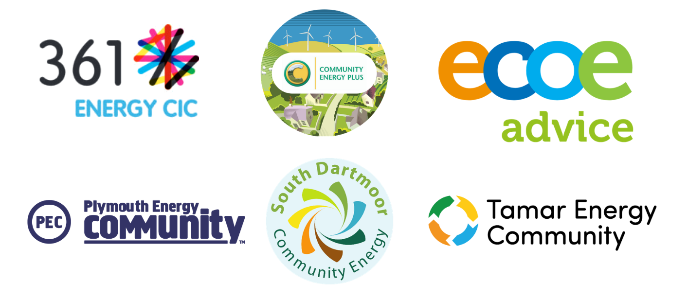 Logos of 361 Energy, ECOE Advice, Community Energy Plus, Plymouth Energy Community, South Dartmoor Community Energy and Tamar Energy Community